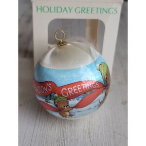 Holiday season greetings AS IS teddy bear satin ball ornament Xmas